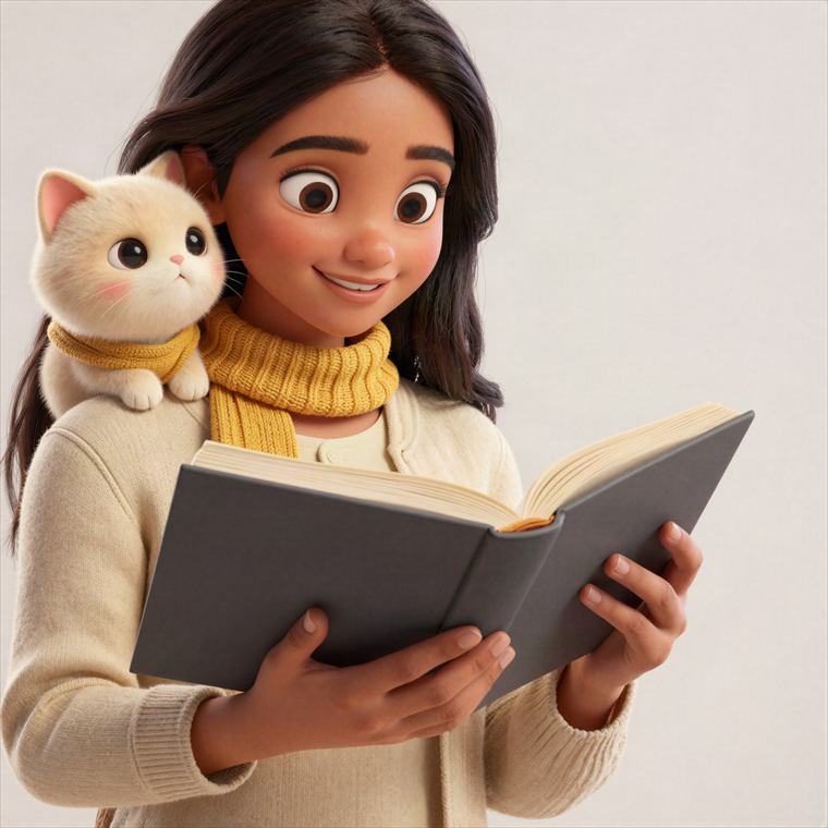 A teacher reading aloud, with Talkie the cat on her shoulder